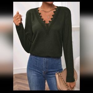 SHEIN Dark Green Lace Trim Long Sleeve Top